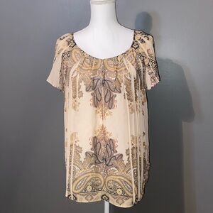 Dressbarn Tan and Brown Patterned Blouse